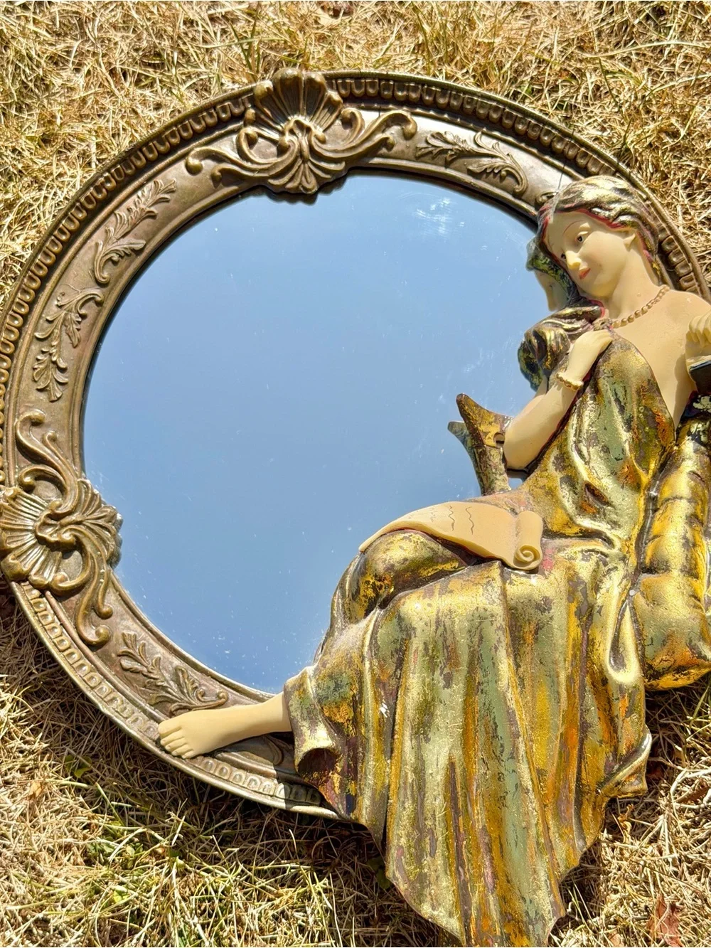 ART NOUVEAU Style MIRROR Resin LADY BY THE LAKE Round Gold Regency 11” Vintage